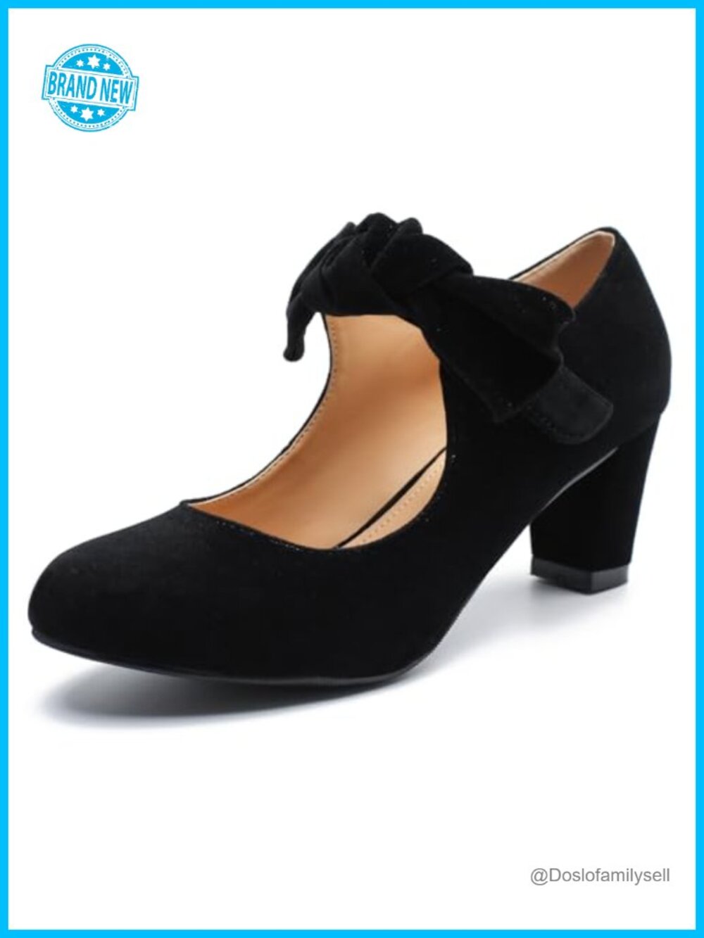 Women's Bow Mary Janes Block Heel Pumps Faux Suede Dress Shoes